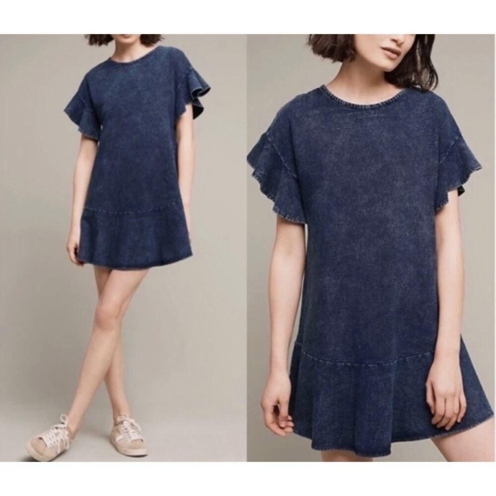 Anthropologie Saturday Sunday Dress Size Small Blue Acid Wash Ruffle Sleeve Mini